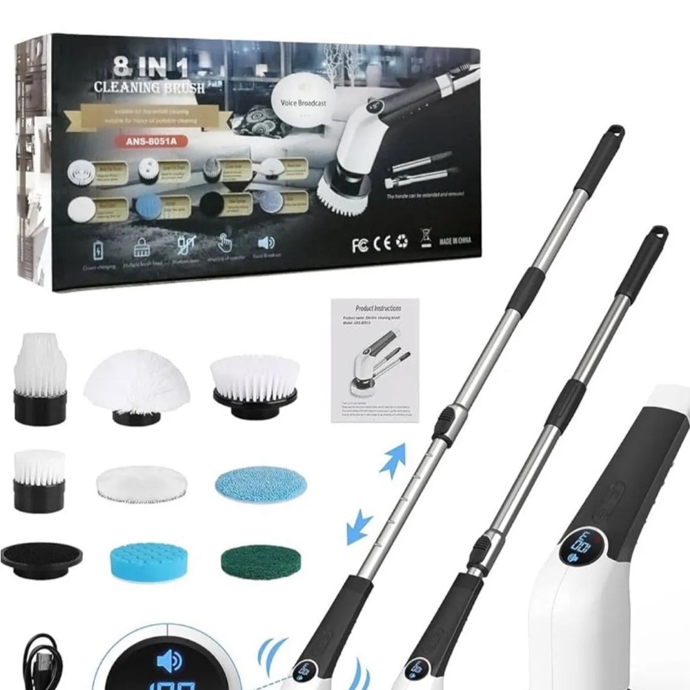 8-in-1 Electric Cleaning Brush with Multiple Heads - White & Black